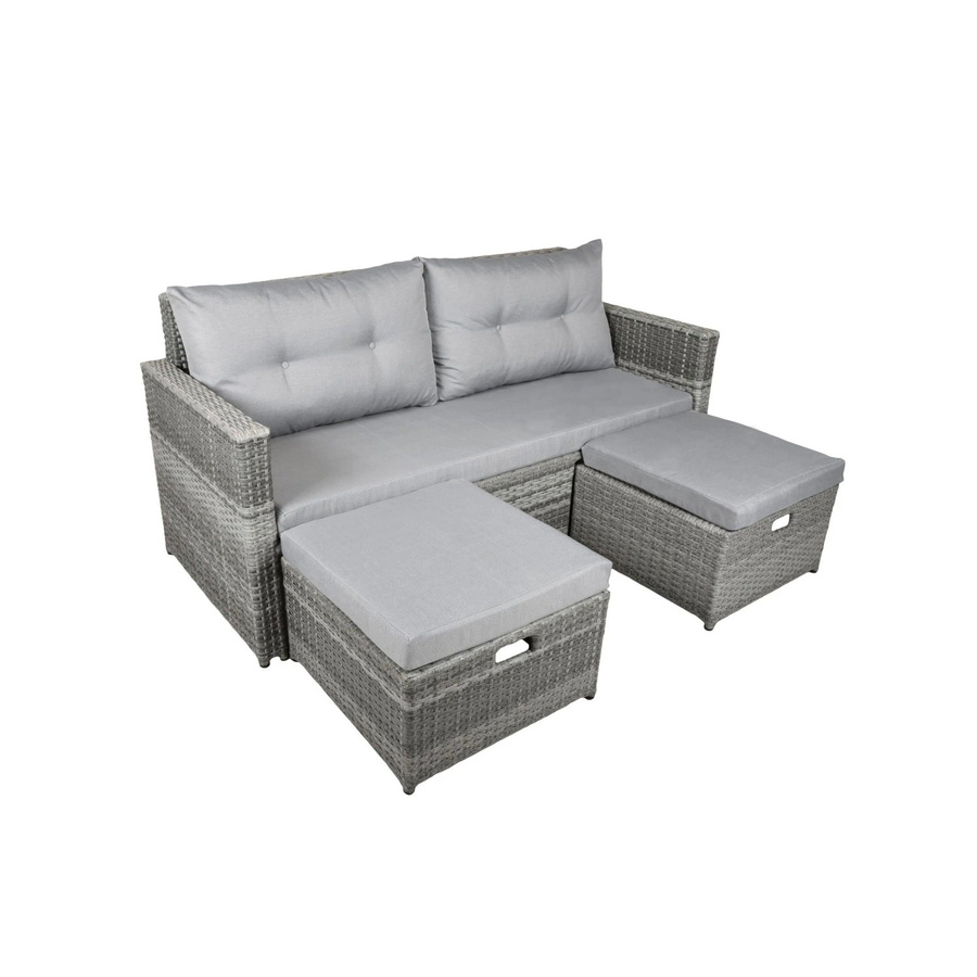 DELUKE Gartenloungeset TRIER Halbrund in Schilfgrau mit Sofa, Fußhocker und Polstern aus Kunststoffgeflecht und Aluminium - Bild 2