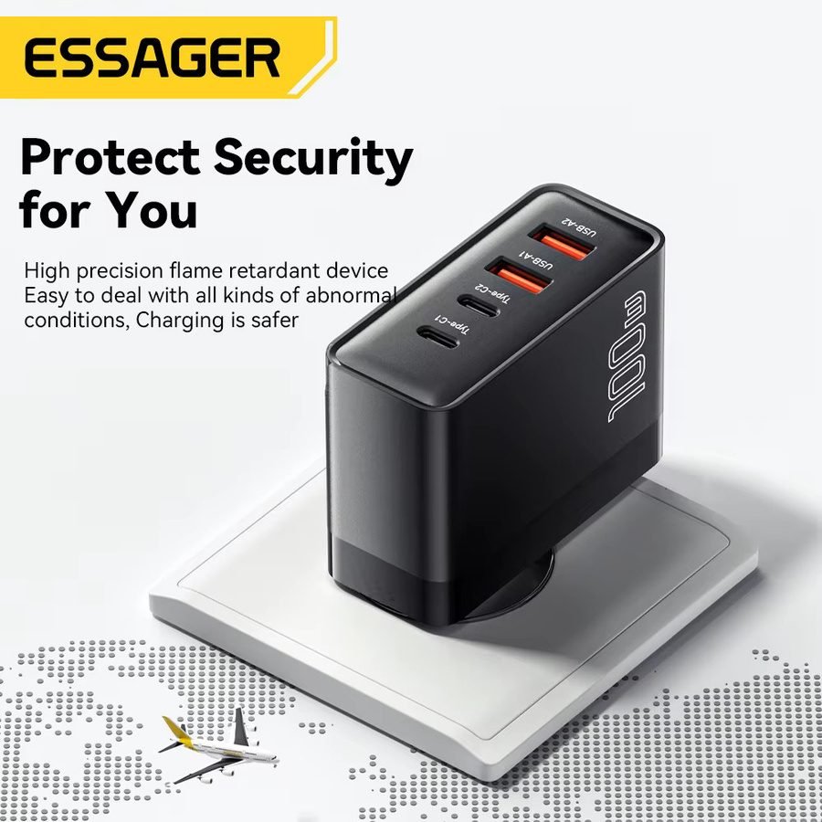 Essager 100 W GaN USB Typ C Ladegerät mit PD Schnellladung, Schwarz, US/KR Stecker für Laptop, MacBook, iPhone und Samsung - Bild 3