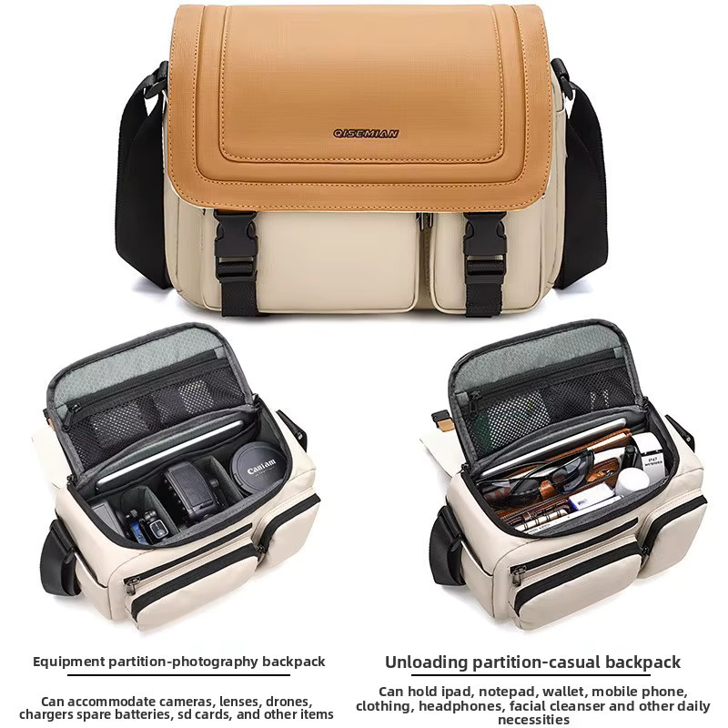 Leichte JINNUOLANG Einschulter-Kameratasche für SLR-Kameras zum Reisen in Orange und Beige - Bild 2