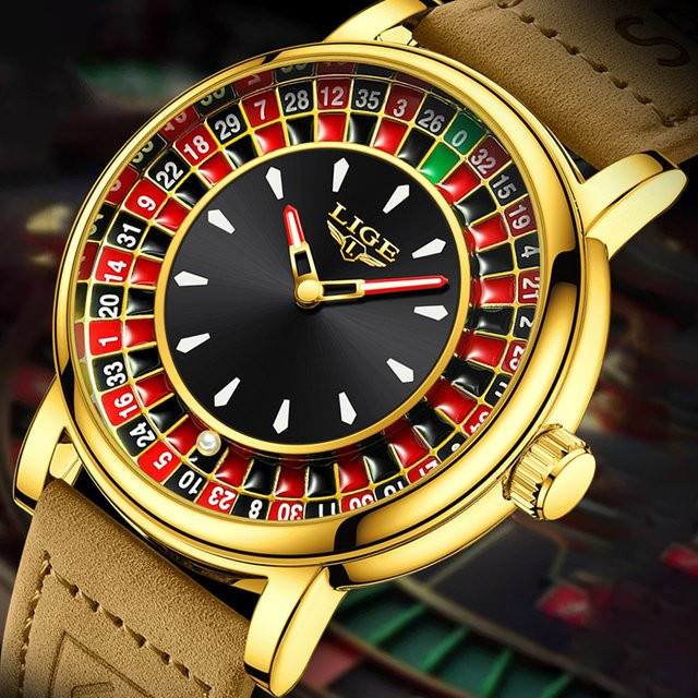 LIGE Armbanduhr Quarz, Lederarmband, Gold, Schwarz, Herren - Bild 1