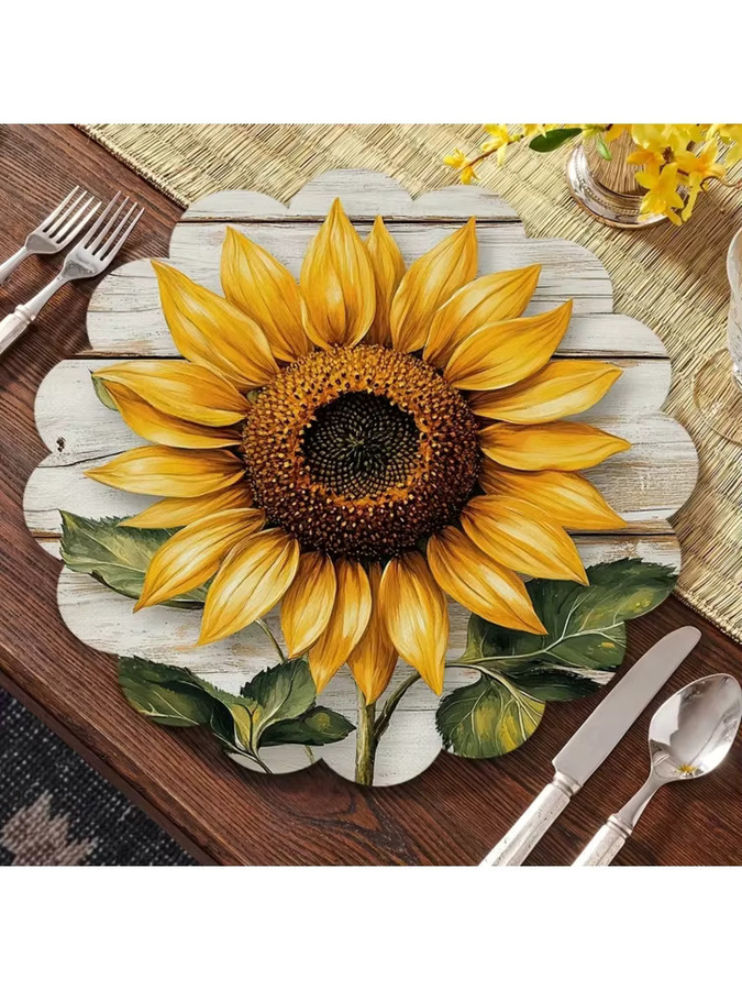 VIKAMA 4-teiliges Set runde Tischsets mit Sonnenblumen-Design in Gelb im Landhausstil aus Leinen, waschbar - Bild 4