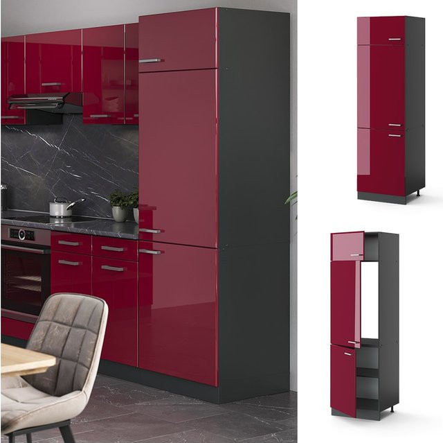 Vicco Kühlumbauschrank R-Line Küchenschrank Hochglanz Bordeaux/Anthrazit B: 60 cm, T: 54,93 cm, H: 207 cm - Bild 1