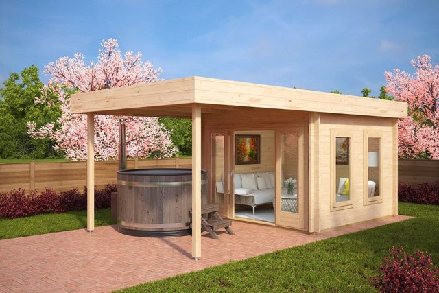 Modernes Gartenhaus Lucas E aus Holz mit Sonnendach und Vordach B/T: 6 x 3 m - Bild 1