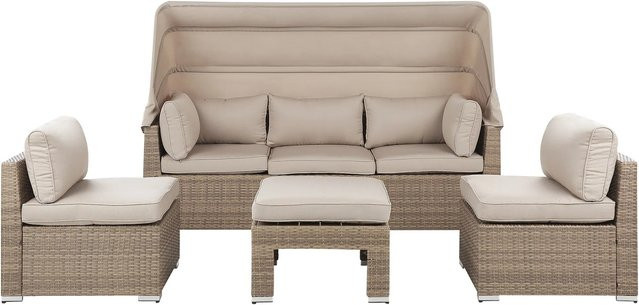 Beliani Lounge Set COCCOLIA aus Polyrattan in Hellbraun mit 3-Sitzer Sofa, Ottoman und Kissen, Höhe: 146 cm, Breite: 213 cm, Tiefe: 76 cm - Bild 1