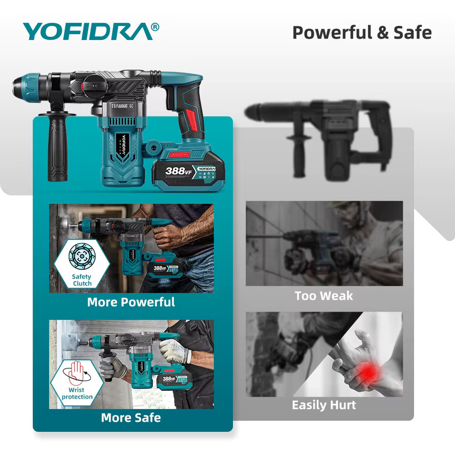 YOFIDRA Bürstenlose Elektrohammer Schlagbohrmaschine 2200W mit 26mm Bohreraufnahme als Multifunktions-Schraubendreher und Rotationswerkzeug kompatibel mit Makita LXT Akkus - Bild 5