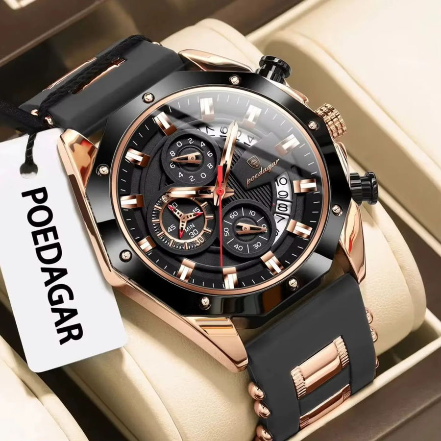 POEDAGAR Armbanduhr Chronograph, Quarz, Silikon, Schwarz, Herren - Bild 2
