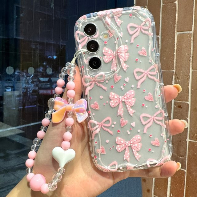 Transparente Handyhülle mit rosa Herz- und Schleifenmuster für Samsung Galaxy S25 S24 Ultra S23 S22 Plus S24 FE A55 A54 A34 A33 Softcover - Bild 1