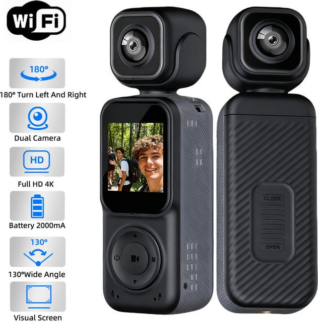 VRIG 4K Dual Lens WIFI Action Kamera mit 180 Grad drehbarem Objektiv und Anti-Shake Funktion in Schwarz - Bild 1