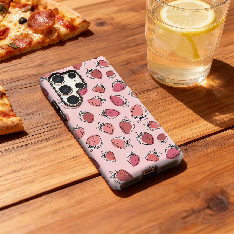 Stoßfeste doppellagige Handyhülle mit Erdbeer-Line-Art für Samsung Galaxy S25 Ultra, S24 und S23 Ultra Plus in Pink - Bild 3