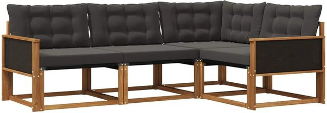 vidaXL Outdoor-Sofagarnitur L-Form aus Akazienholz mit 4 Textilene-Kissen in Schwarz und Natur - Bild 1