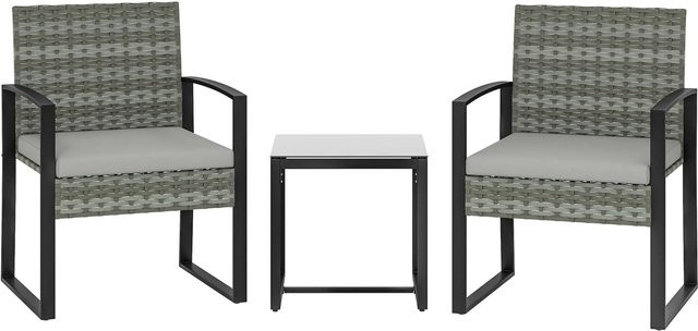 Furnicato Rattan Bistroset 3-teiliges Gartenmöbel-Set mit 2 Gartenstühlen und Couchtisch in Hellgrau - Bild 1