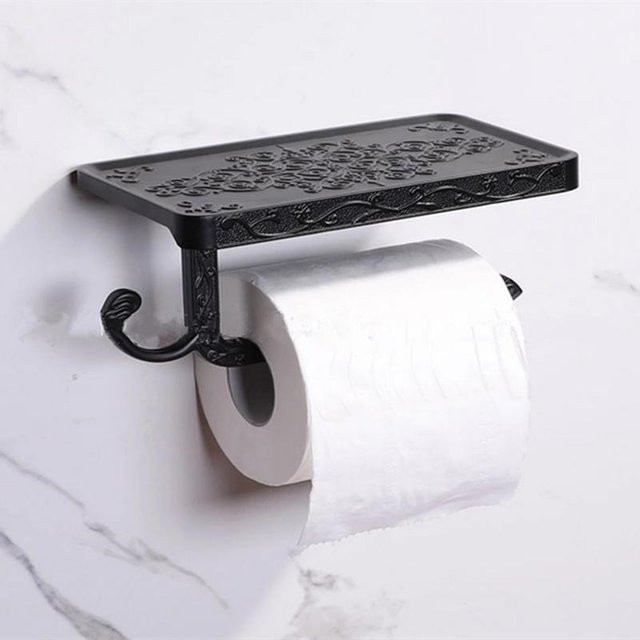 Zeling Toilettenpapierhalter im Vintage-Stil mit Telefonregal aus Metall in Schwarz, Hängend - Bild 1