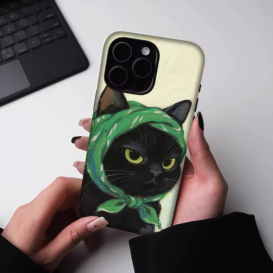 Aurbe 2-in-1 MagSafe Hülle mit Film für iPhone 17 16 15 Plus Pro Max, stoßfeste Hartschale, Design Schwarze Katze mit grünem Kopftuch - Bild 5