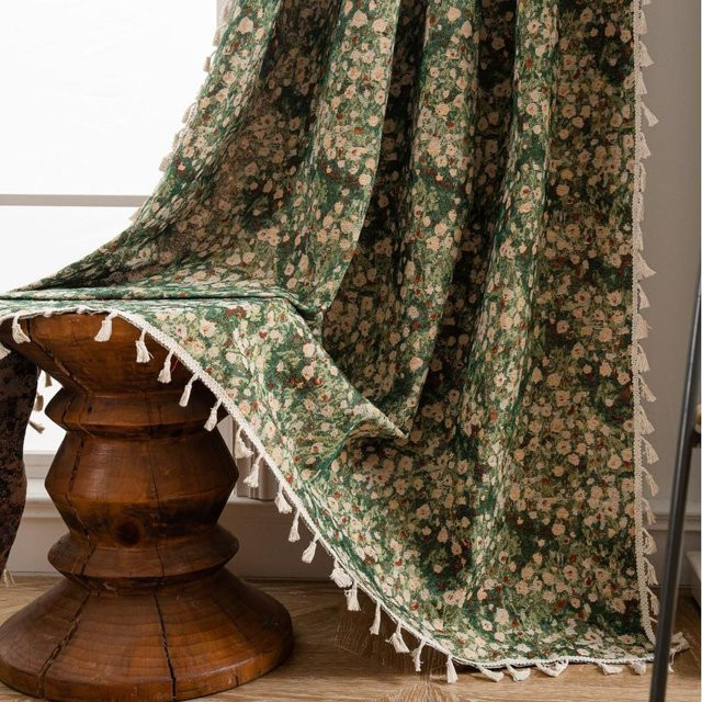Homtale Vorhang im französischen Retro-Stil mit Monet Ölgemälde-Motiv, Grün, Halbdunkelnd, Breite: 150 cm, Höhe: 160 cm - Bild 1