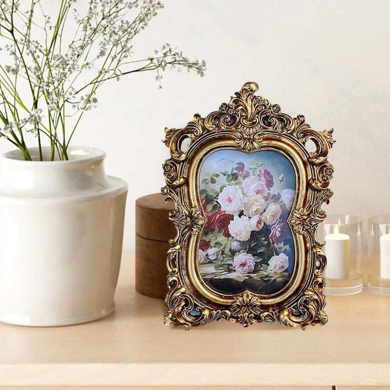Dekorativer Vintage Bilderrahmen von Kesoto in Gold mit floralem Design aus Metall für Wand und Tisch - Bild 3