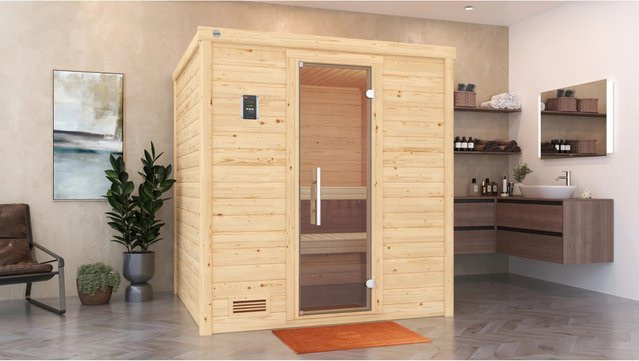 Weka Massivholzsauna Bergen 2 aus Fichtenholz in Braun mit 7,5 kW BioSauna-Sparset und Glastür, B/H/T: 195,5 x 205 x 178 cm - Bild 1
