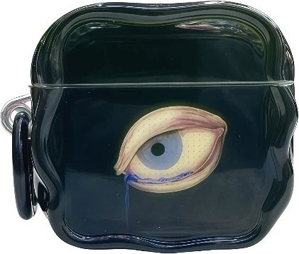 Surreale Kopfhörerhülle mit weinendem Auge und schwarzem Ring für Apple AirPods Pro, Pro 2, Pro 3, AirPods 1, 2, 3, 4 in Schwarz mit glänzendem gewelltem Rand - Bild 1
