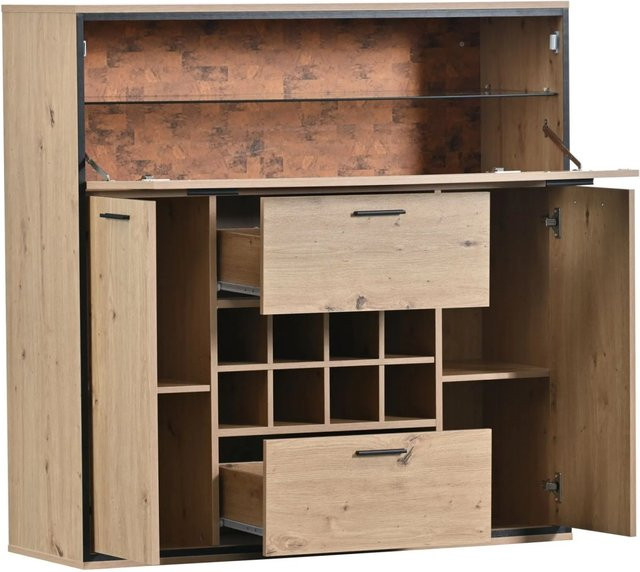 PXloue Weinschrank Sideboard mit LED-Beleuchtung, Glasregal und Weinhalterung, Schwarz-Braun, B/T/H: 110 x 38 x 111 cm - Bild 1