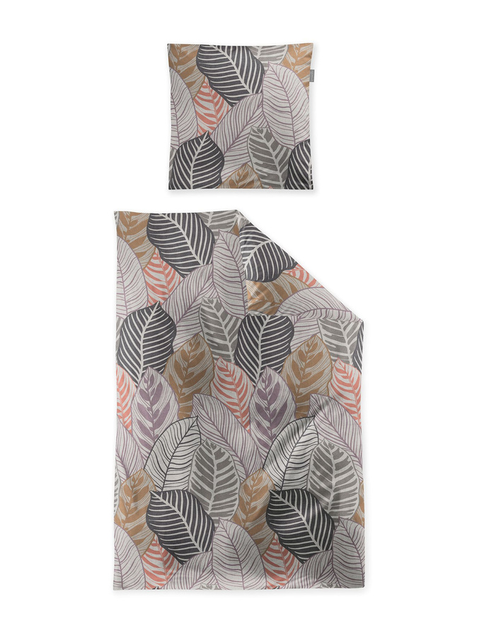 Irisette Feinbiber Bettwäsche aus Baumwolle mit Blättermuster in Braun und Grau, Set bestehend aus Bettbezug und Kissenbezug, B/H: 155 x 220 cm und 80 x 80 cm - Bild 1