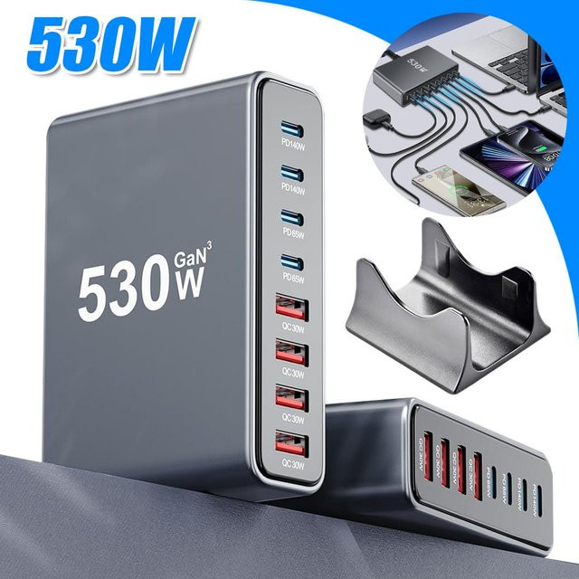 530W Multi-Port-Ladestation mit 8 Anschlüssen und Schnellladefunktion für MacBook, iPad, iPhone und Samsung Galaxy Geräte - Bild 1