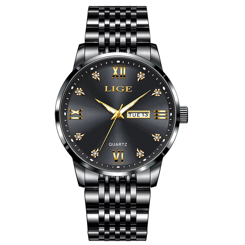 LIGE Armbanduhr Edelstahl, Quarz, Schwarz, Herren, Datum, Wochentag - Bild 5