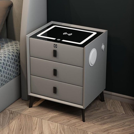 HomeHarmony Moderner Nachttisch aus Massivholz in Grau mit kabelloser Ladefunktion, integrierter Beleuchtung und Fingerabdruckschloss, B/T/H: 45 x 40 x 59 cm