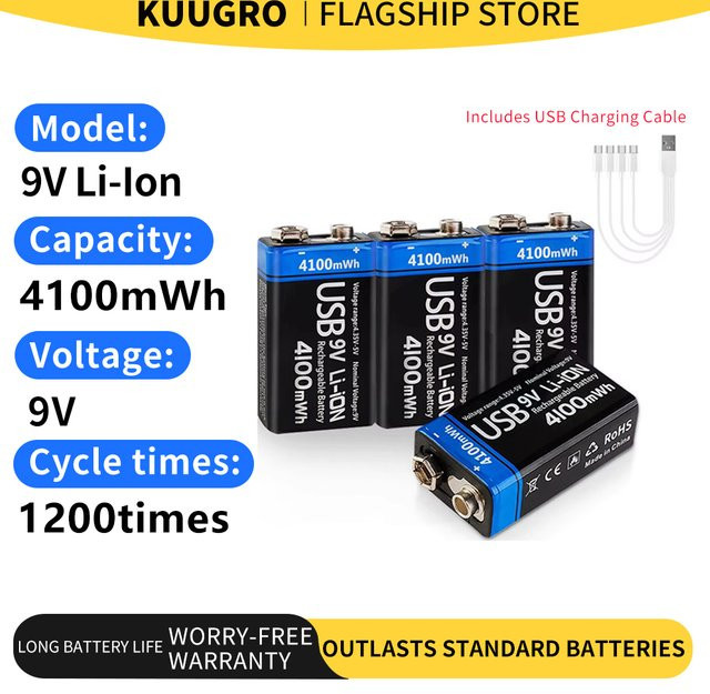Kuugro 9V Li-Ionen-Batterie 4100mWh mit USB-C Anschluss, wiederaufladbare 6F22 Blockbatterie in Schwarz für RC-Helikopter, Multimeter und Spielzeug - Bild 1