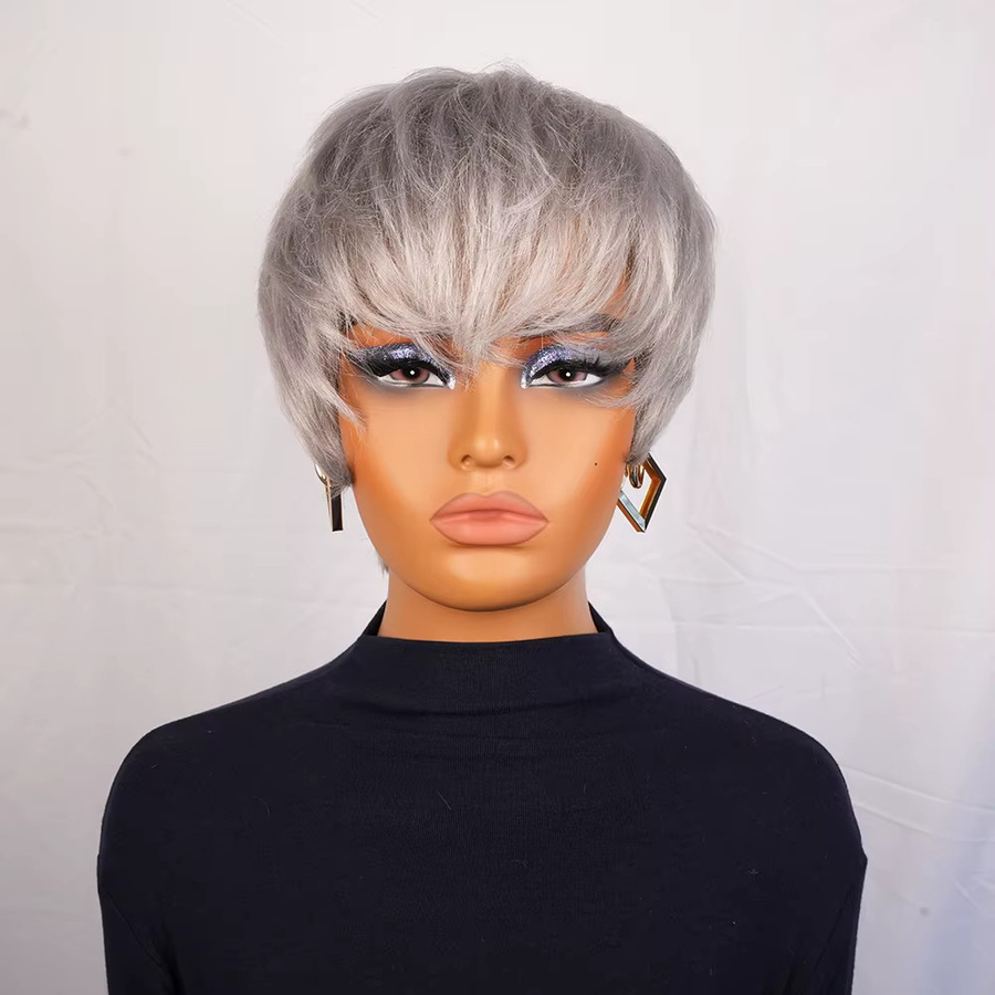 OYM HAIR Echthaar-Perücke, Pixie-Schnitt, grau, lockig, mit Pony - Bild 6