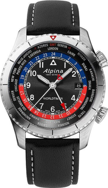 Alpina Startimer Pilot Worldtimer Herrenuhr, Quarz, Edelstahl, 41 mm, Leder - Bild 1