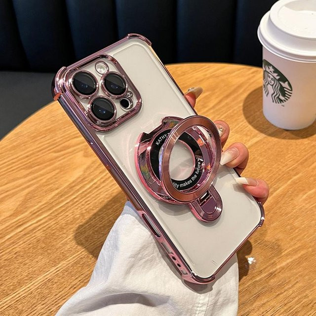 DUWUZ MagSafe Hülle mit magnetischem Ständer für iPhone 15 Pro, Transparent Acryl mit Vergoldung, Farbe: Rosa - Bild 1