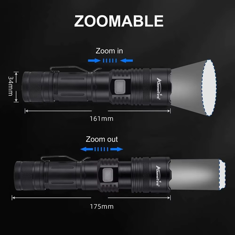 Alonefire LED-Taschenlampe mit Zoom-Funktion und 4 Farben Weiß/Rot/Grün/Blau, USB wiederaufladbar, Schwarz - Bild 4