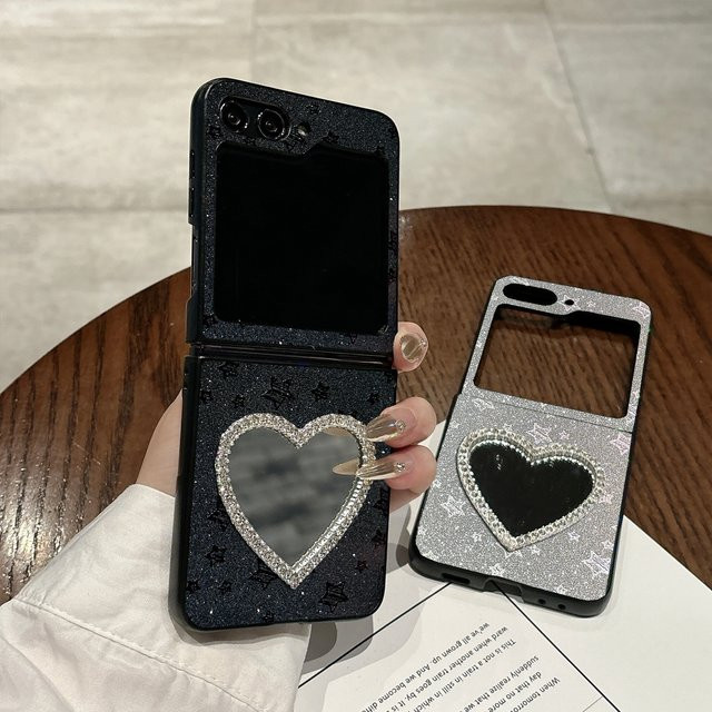 Luxuriöse Samsung Handyhülle mit Sternen und Liebesherz-Spiegel in Weiß für Galaxy Z Flip 8, 7, 7 FE, 6, 5, 4, Flip 3 5G Hartschale - Bild 1
