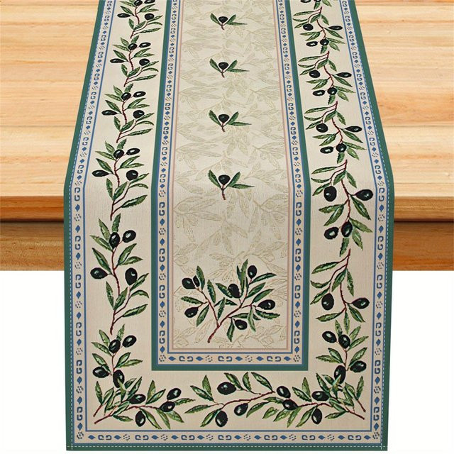 JMG Household Supplies Tischläufer aus Leinen mit Olivenzweig-Druck in Grau und Grün, B: 150 cm, T: 33 cm - Bild 1