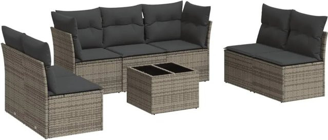 vidaXL 8-teilige Garten-Sofagarnitur in L-Form aus grauem Poly-Rattan mit Tisch und Kissen inklusive Stauraum - Bild 1