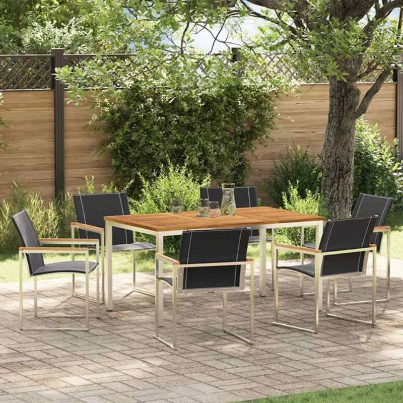 Vidaxl Garten Essgruppe aus Massivholz Akazie und Stahl in Braun, 7-teiliges Gartenmöbel-Set im modernen Design - Bild 1