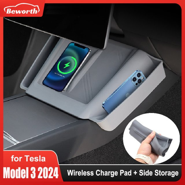Beworth Drahtlose Lade Pad Matte für Tesla Modell 3 Highland 2024 mit Seitenfach Organizer in Grau - Bild 1