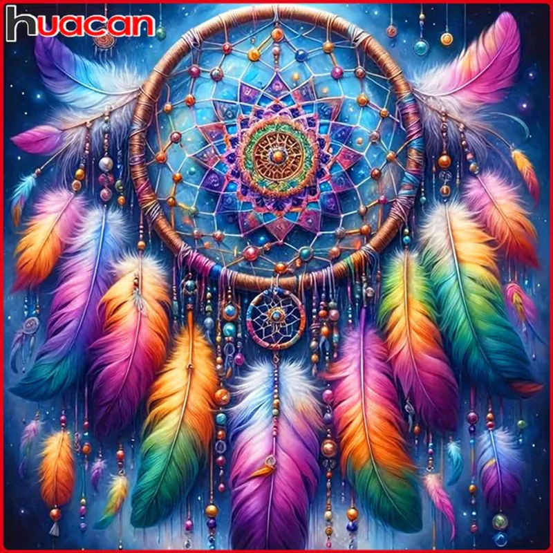 Huacan DIY Diamantmalerei Set Traumfänger mit Blumen und Federn in Bohemian Design, mehrfarbig, rund, hängend - Bild 1