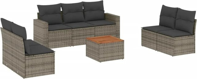vidaXL 8-tlg Garten-Sofagarnitur aus Poly Rattan und Akazienholz in Grau mit Kissen - Bild 1