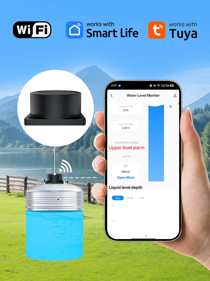 Tuya Drahtloser Flüssigkeitsmonitor Sensor mit Ultraschall-Tiefenmessung via WiFi oder Zigbee in Schwarz - Bild 6