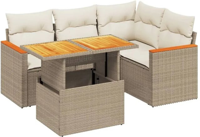 vidaXL 5-tlg. Garten-Sofagarnitur L-Form aus Poly-Rattan und Akazienholz in Beige-Creme mit UV-beständigen Kissen - Bild 1