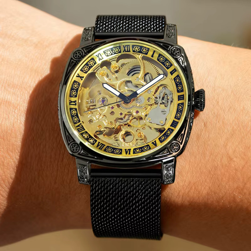 CAROTIF Herren Armbanduhr, mechanisch, gelb, schwarz, Mesh-Armband - Bild 6
