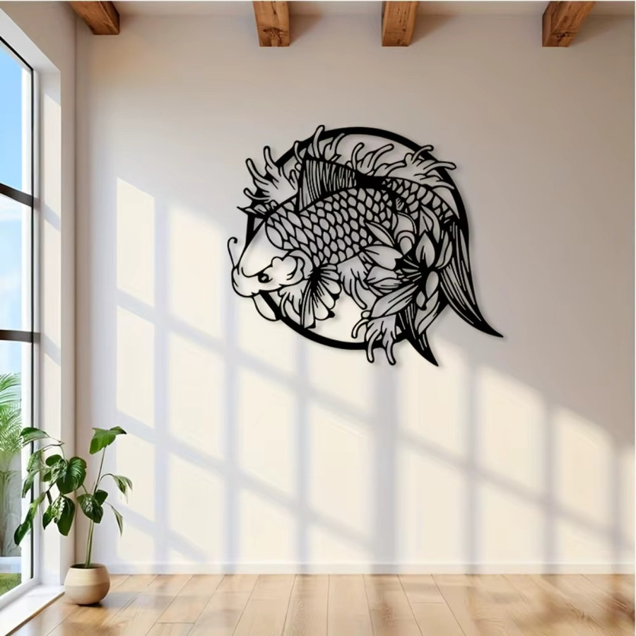 CIFBUY Metall-Wandkunst Koi-Fisch in Schwarz als 2D Lotus-Teich-Dekoration für Zen Feng Shui im Innen- und Außenbereich - Bild 4