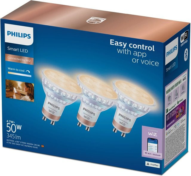 Philips WiZ LED Leuchtmittel GU10 3er Set, Warmweiß 2.700 K, 5 W, 1200 Lumen, Smart Home kompatibel mit Amazon Alexa, Apple Homekit und Google Home - Bild 1