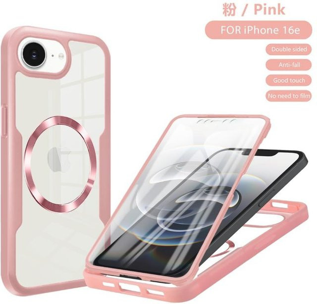 YULIN Magnetische 360 Vollschutz Hülle mit Displayschutz für iPhone 16E, iPhone 17E und iPhone SE4, Transparent/Pink - Bild 1