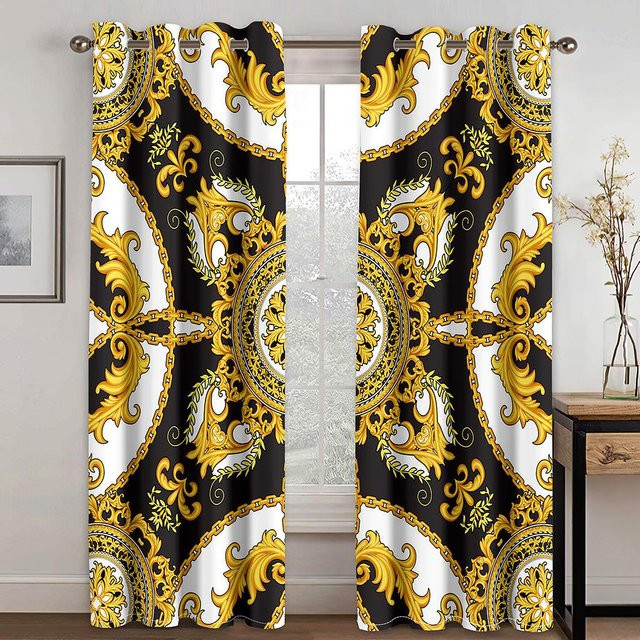 Yiran Furniture Vorhänge mit 3D-Goldstreifen Design, 2-teiliges Set aus Polyester, semi-transparent, mit Ösen, Breite: 100 cm, Höhe: 130 cm - Bild 1