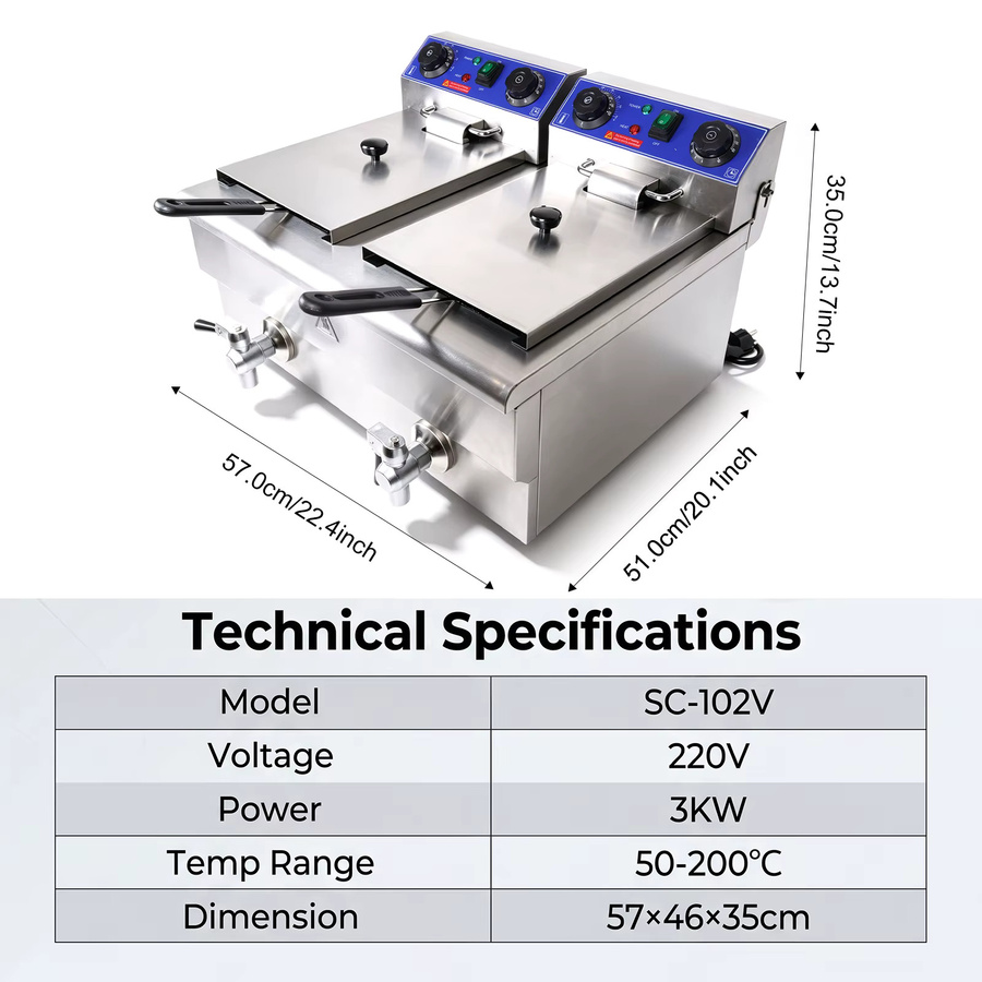 Podofo Elektrische Doppel-Fritteuse aus Edelstahl mit 3000W Leistung, 20L Volumen und automatischem Timer, Silber - Bild 2