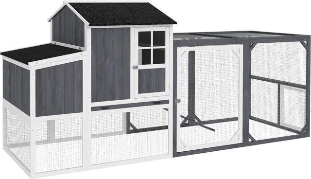 PawHut Hühnerstall aus Holz in Grau mit Freigehege und Nistkasten, H/B/T: 114 x 91 x 236,5 cm - Bild 1