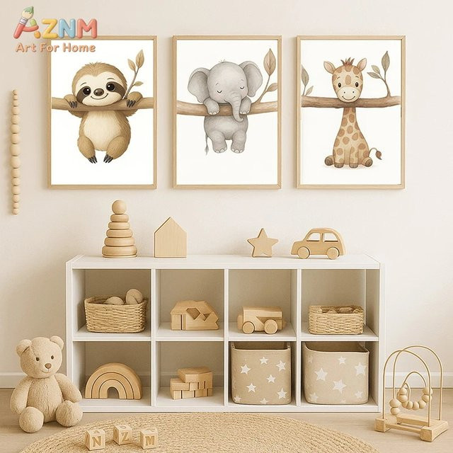 3-teiliges AZNM Leinwand-Wandbild mit Cartoon-Waldtieren in Aquarell-Optik für das Kinderzimmer, Boho-Design mit Faultier, Elefant und Giraffe, Mehrfarbig - Bild 1