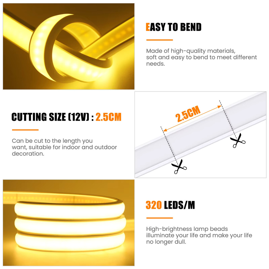 KISUFU COB Neon LED-Streifen mit Dimmer, 5V USB, IP68 Wasserdicht, Weiß, 320 LEDs/m, Silikon Neon-Seilbeleuchtung für Innen und Außen - Bild 4