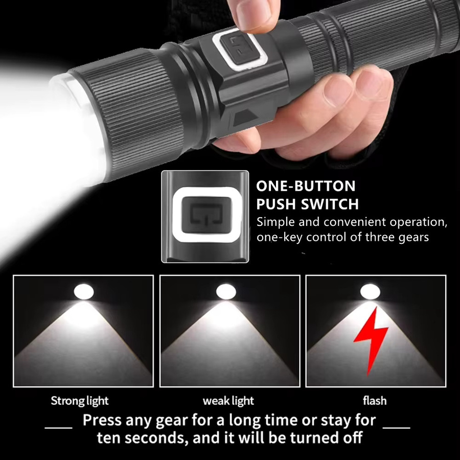 XIWANGFIRE Taktische 30W LED-Taschenlampe aus Aluminiumlegierung in Schwarz mit LCD-Leistungsanzeige, Zoom und wiederaufladbarem Akku - Bild 3